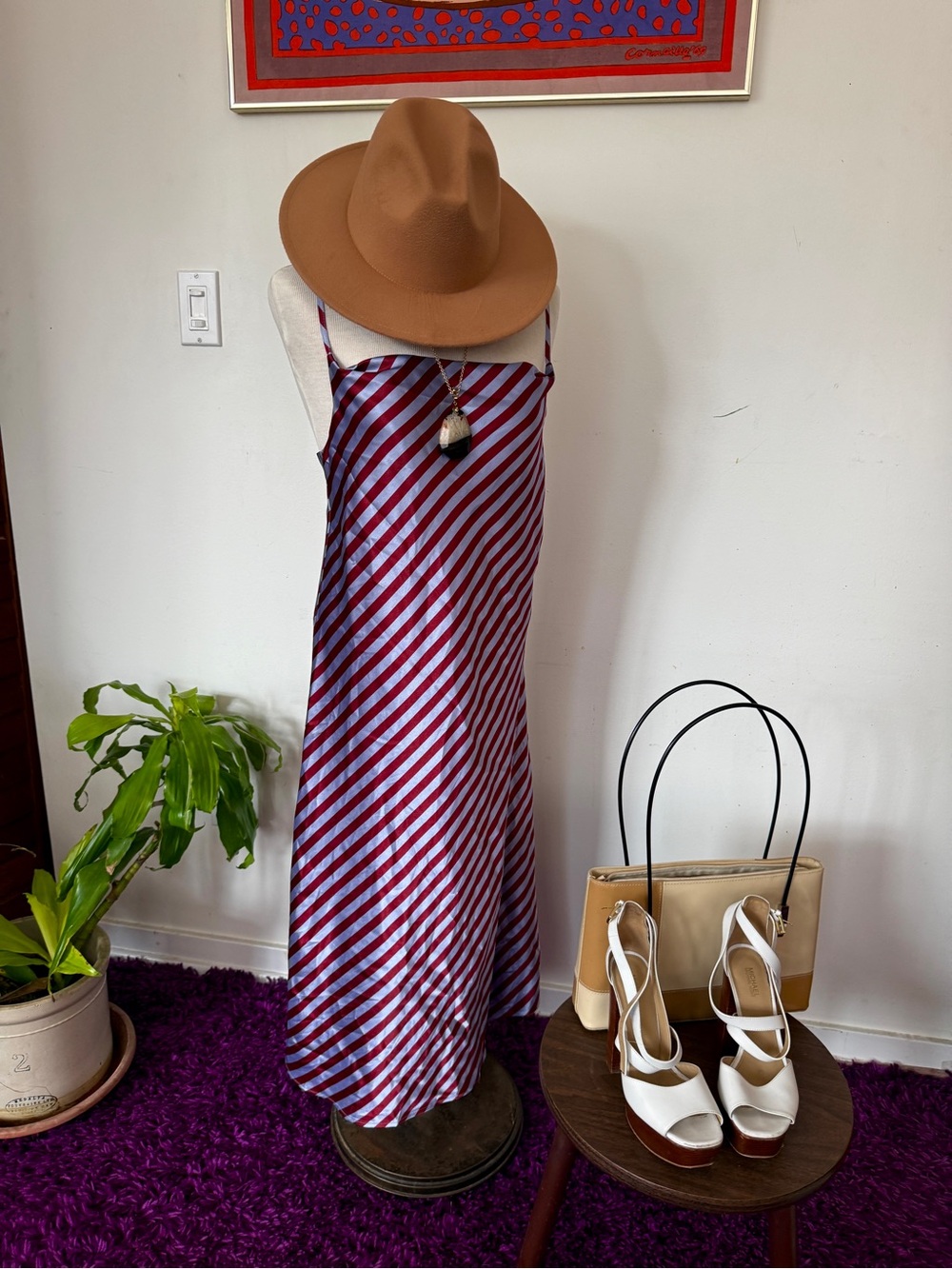 Tahari Striped Satin Slip Dress Size S Burgundy + Silver Bias Stripe Midi